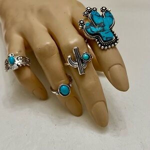 Vintage 4pc Silver Tone- Faux Turquoise Rings (B)